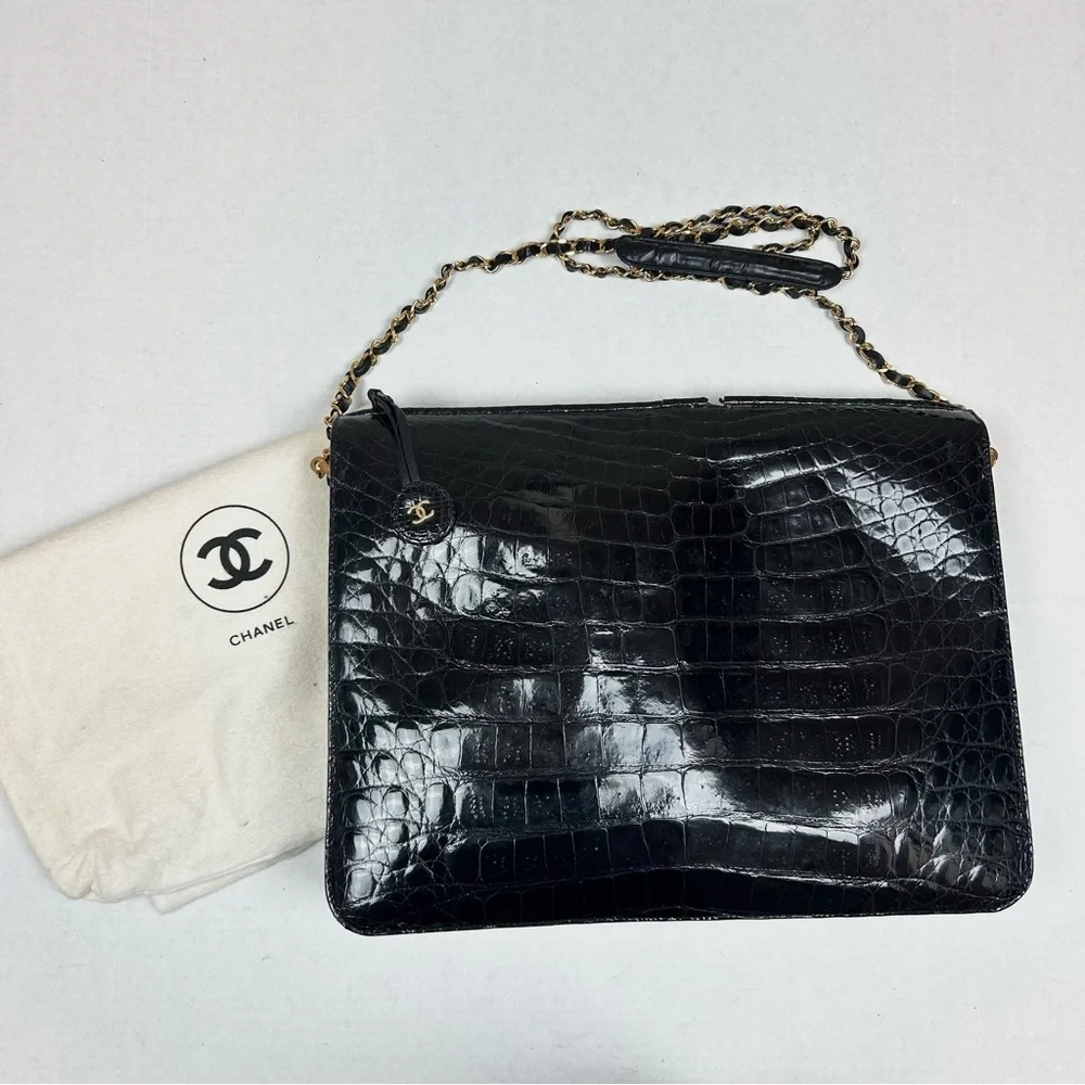 Authentic Vintage 1980's Chanel Executive Cerf Crocodile Embossed Tote